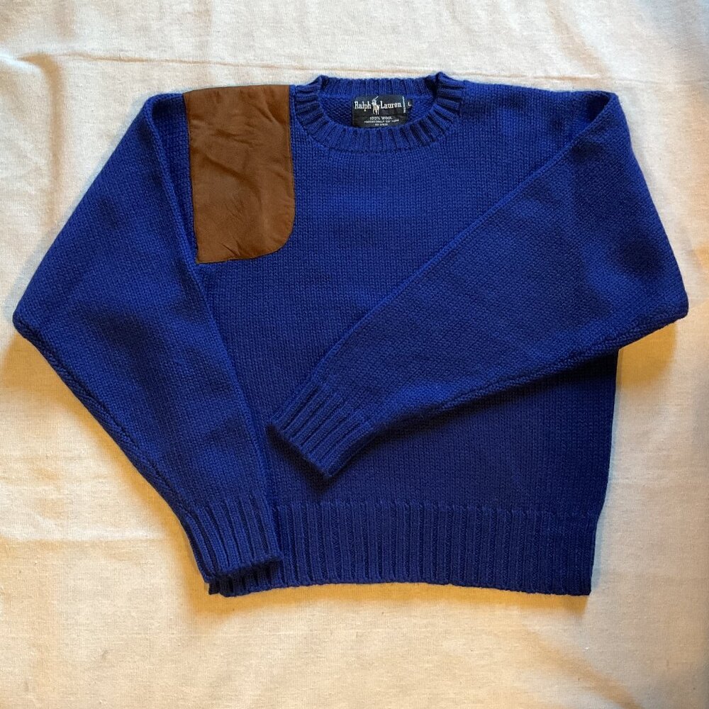 Vtg Ralph Lauren Women’s Sportsman Shoulder Patch Wool Sweater, Blue, Sz L, NEW